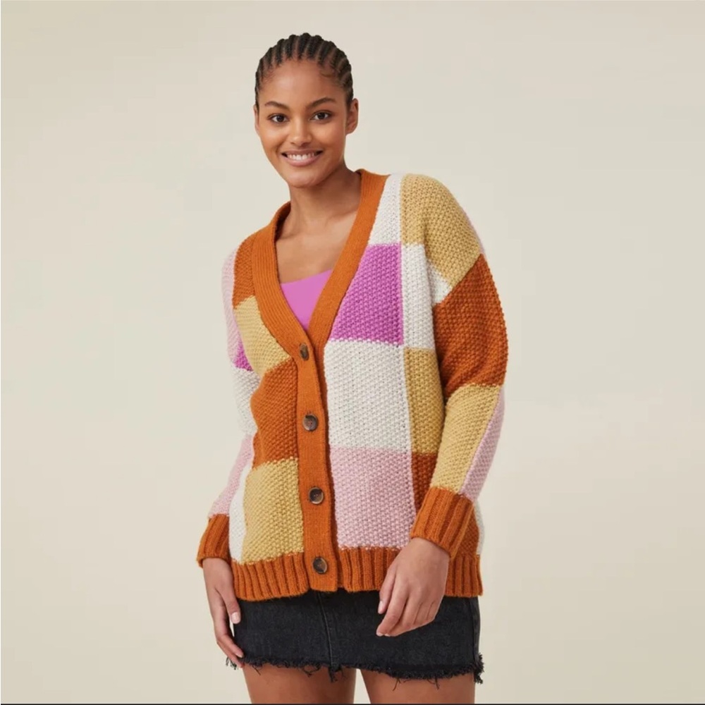 Cotton On oversized Splice Patchwork Cardigan In Pink/brown. Size small